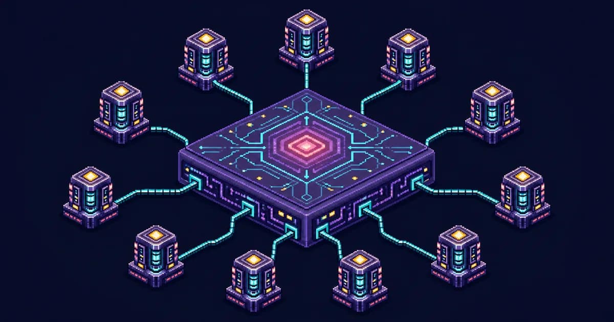 Pixel-art illustration of eleven identical agent modules arranged in a ring around one shared glowing foundation slab they all connect to.