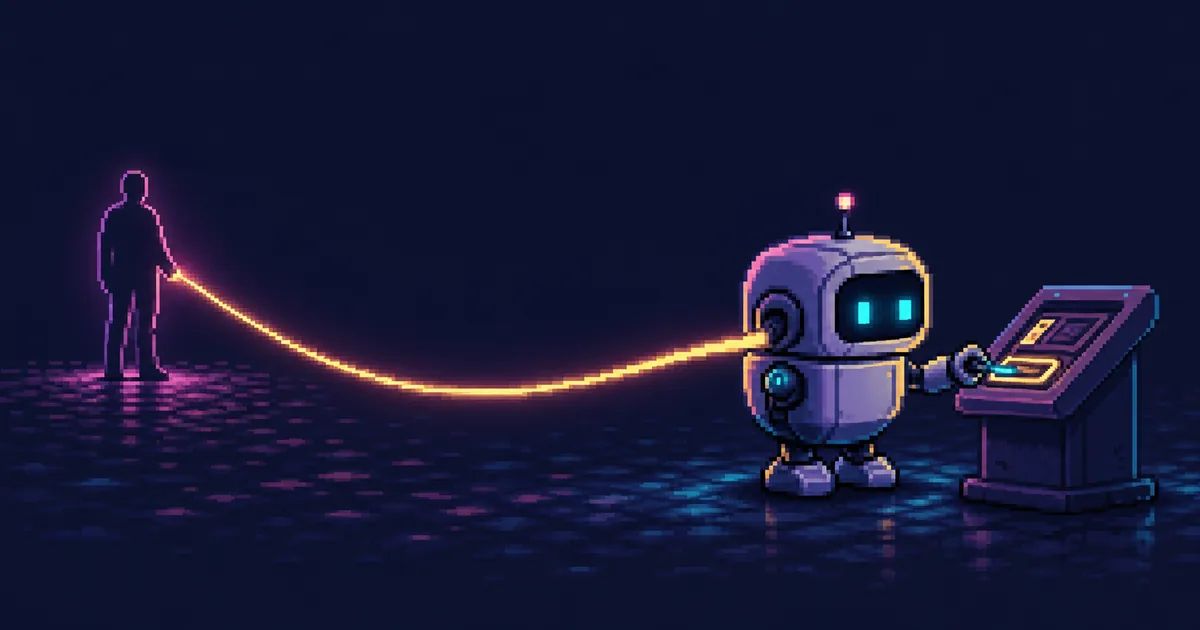 Pixel-art illustration of a robot at a payment terminal tethered by a glowing cord back to a distant human silhouette.