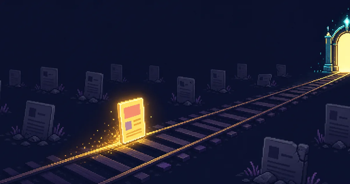 Pixel-art illustration of a glowing proposal card riding a track of light through a graveyard of stalled proposals toward a lit gate.