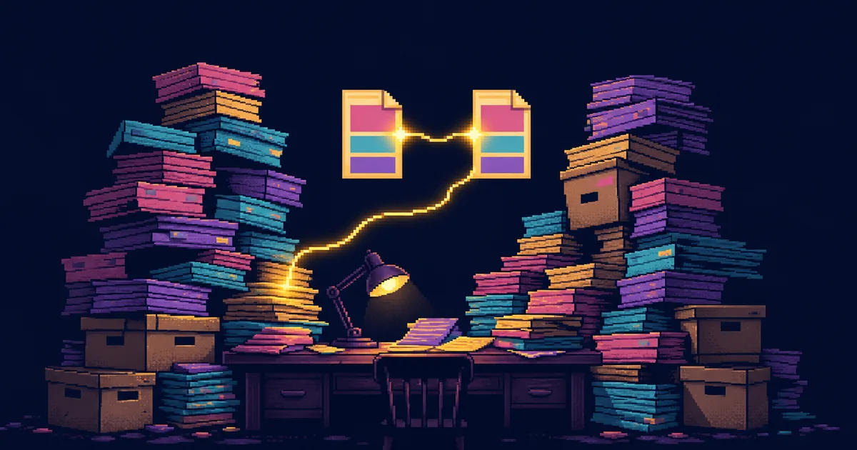 Pixel-art illustration of a lamp-lit desk buried under stacks of mismatched ledgers, with a glowing thread pulling two matching documents together.