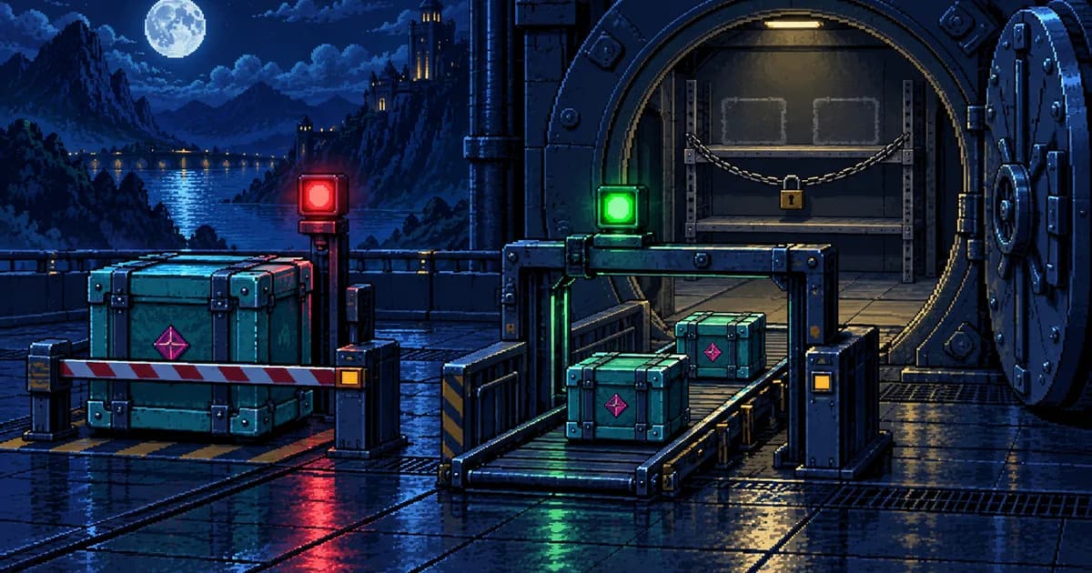 Pixel-art night scene of a vault checkpoint. A red lamp at the gate refuses one large crate, while a conveyor belt carries two identical smaller crates through the same gate under a green lamp, and a padlocked shelf in the vault behind stands empty.