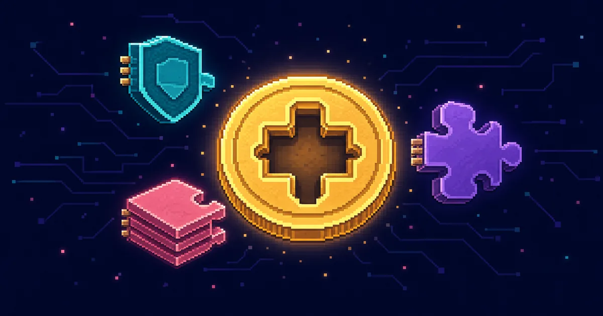 Pixel-art illustration of one token coin with a single socket and three interchangeable compliance cores (a shield chip, a tranche stack, a puzzle hook) ready to slot in.