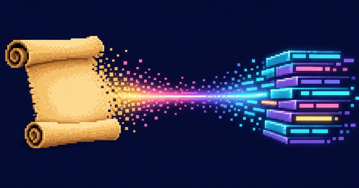 Pixel-art illustration of a legal scroll on the left morphing into stacked lines of code on the right, joined by a bridge of light.