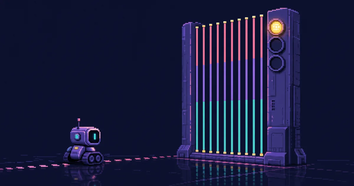Pixel-art illustration of a robot approaching a checkpoint gate of vertical measuring bars, three signal lamps above with only the top one lit.