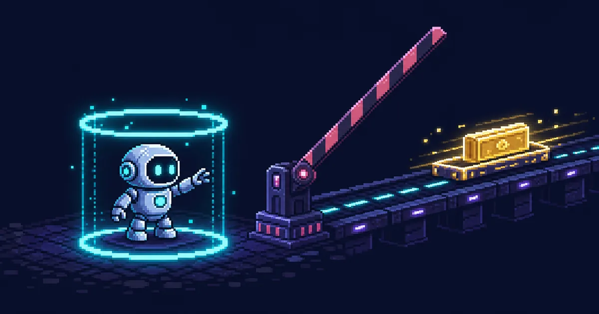 Pixel-art illustration of a robot inside a tight glowing containment ring reaching toward a money-transfer rail blocked behind a raised gate.