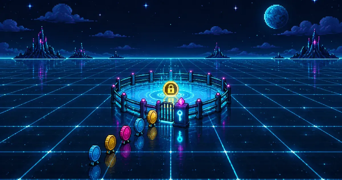 Illustration pixel art d’un bassin de lumière circulaire clôturé sur une grille cyan ouverte, avec un poste de contrôle à badge à l’entrée, des pièces qui patientent dehors et une pièce marquée d’un cadenas à l’intérieur.