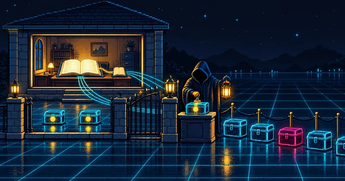 Pixel-art night scene of a small registry office on a cyan grid: a gatekeeper with a lantern stamps glowing lockboxes queued at a gate, and light threads run from the gate to one large open ledger book on a desk inside.