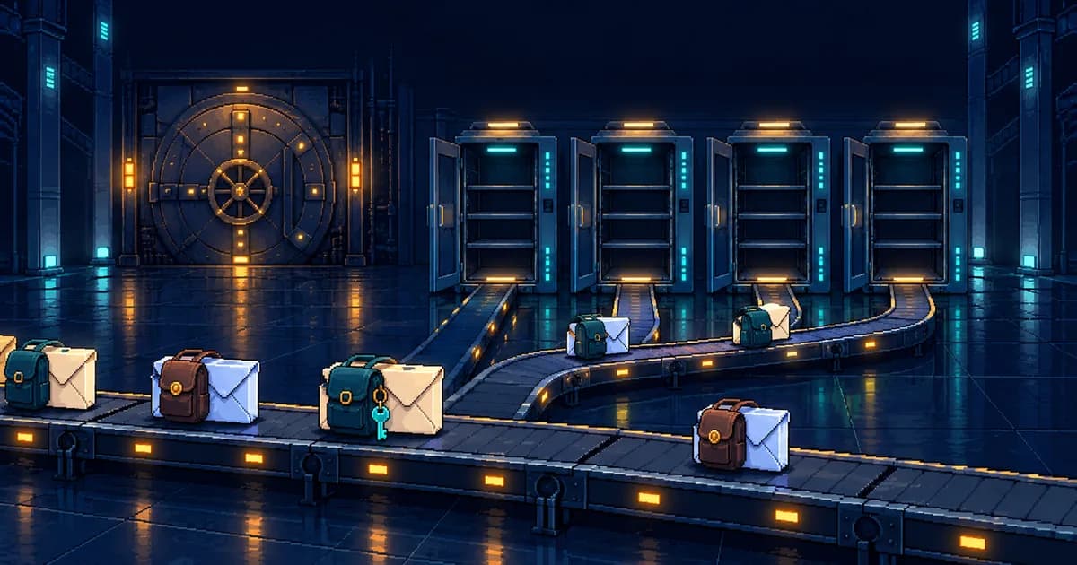 Scène nocturne en pixel art : une rangée d’armoires de serveurs identiques, sans bagage à côté. Chaque enveloppe lumineuse qui arrive sur un tapis roulant porte son propre petit sac à dos, et une clé de coffre turquoise pend à l’une des enveloppes.