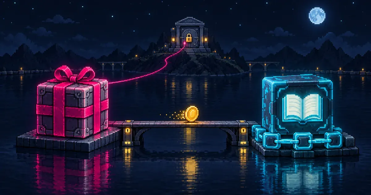 Scène nocturne en pixel art sur l’eau : à gauche un cube magenta emballé comme un cadeau, relié par un fil lumineux à un coffre verrouillé sur une colline lointaine ; à droite un cube cyan contenant un registre ouvert et entouré d’une chaîne ; une pièce d’or traverse un petit pont entre les deux.