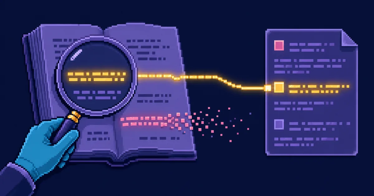 Pixel-art illustration of a magnifying glass over a document, one sentence tied by a glowing thread to its source while an unsupported sentence dissolves into pixels.