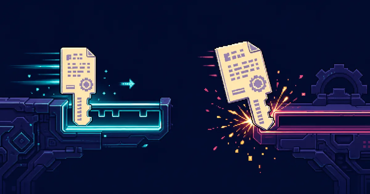 Pixel-art illustration of a deed-shaped key sliding smoothly into a custom-built rail while jamming against a generic mismatched rail.