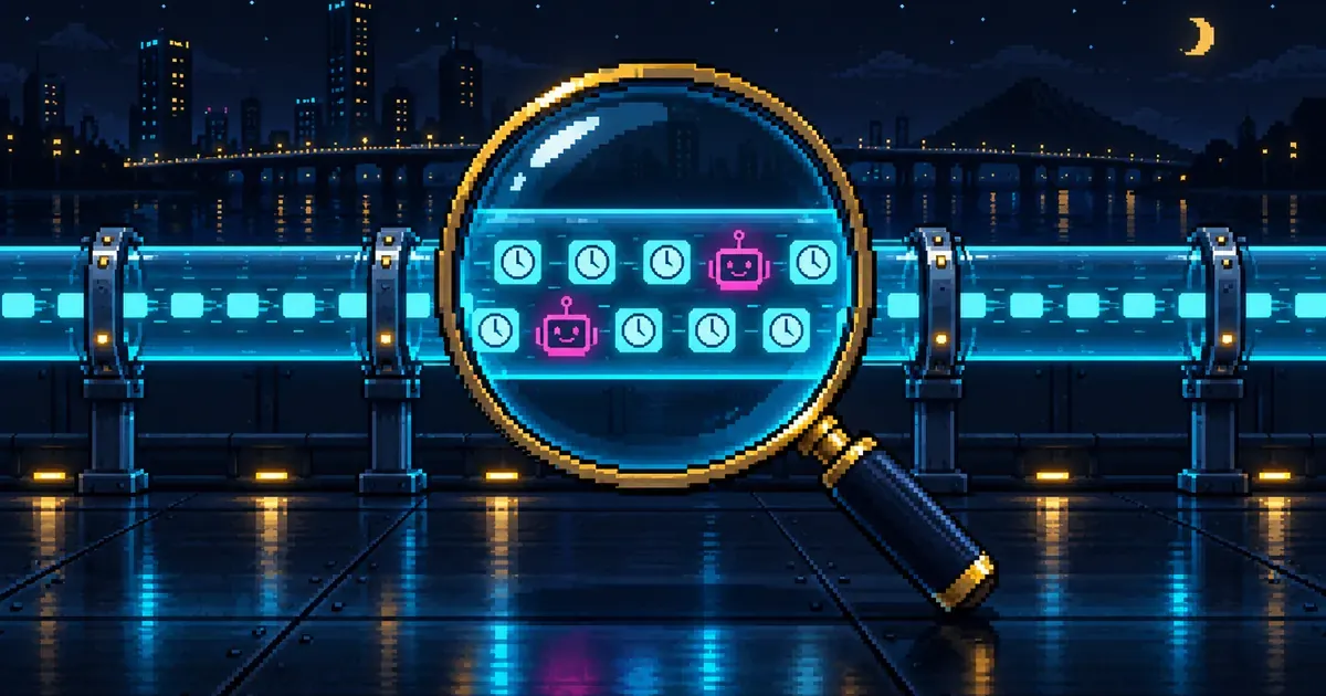 Scène nocturne en pixel art : un tuyau lumineux transporte des paquets de données identiques. Une loupe posée dessus montre surtout des icônes d’horloge et seulement deux têtes de robot magenta.