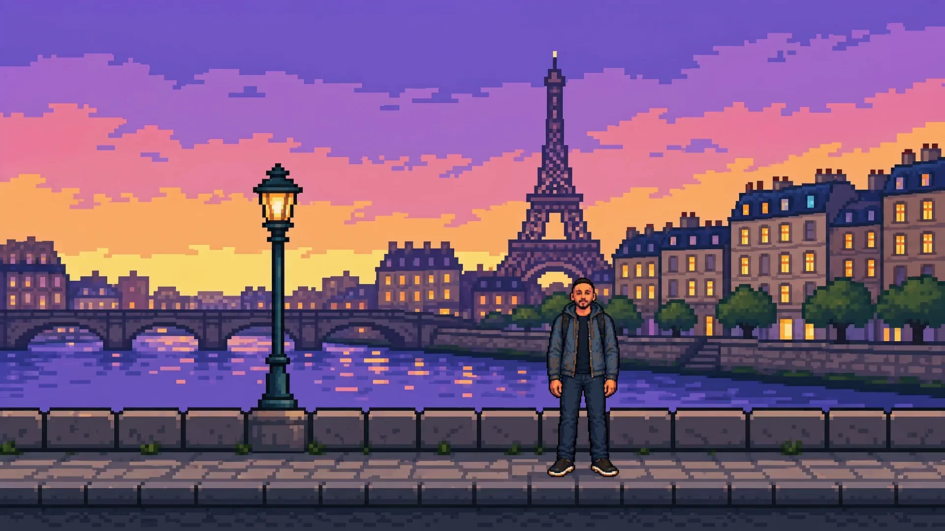 Adam Boudjemaa facing the viewer in a bright 16-bit pixel-art Paris world