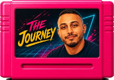 Cartouche de jeu pixel-art façon SNES intitulée The Journey, avec un portrait d'Adam